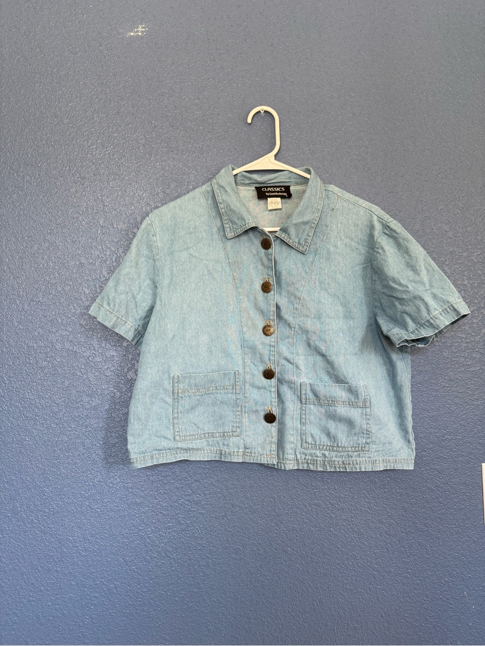 Vintage Classic Light Denim Short-Sleeve Button-Front Jean Top